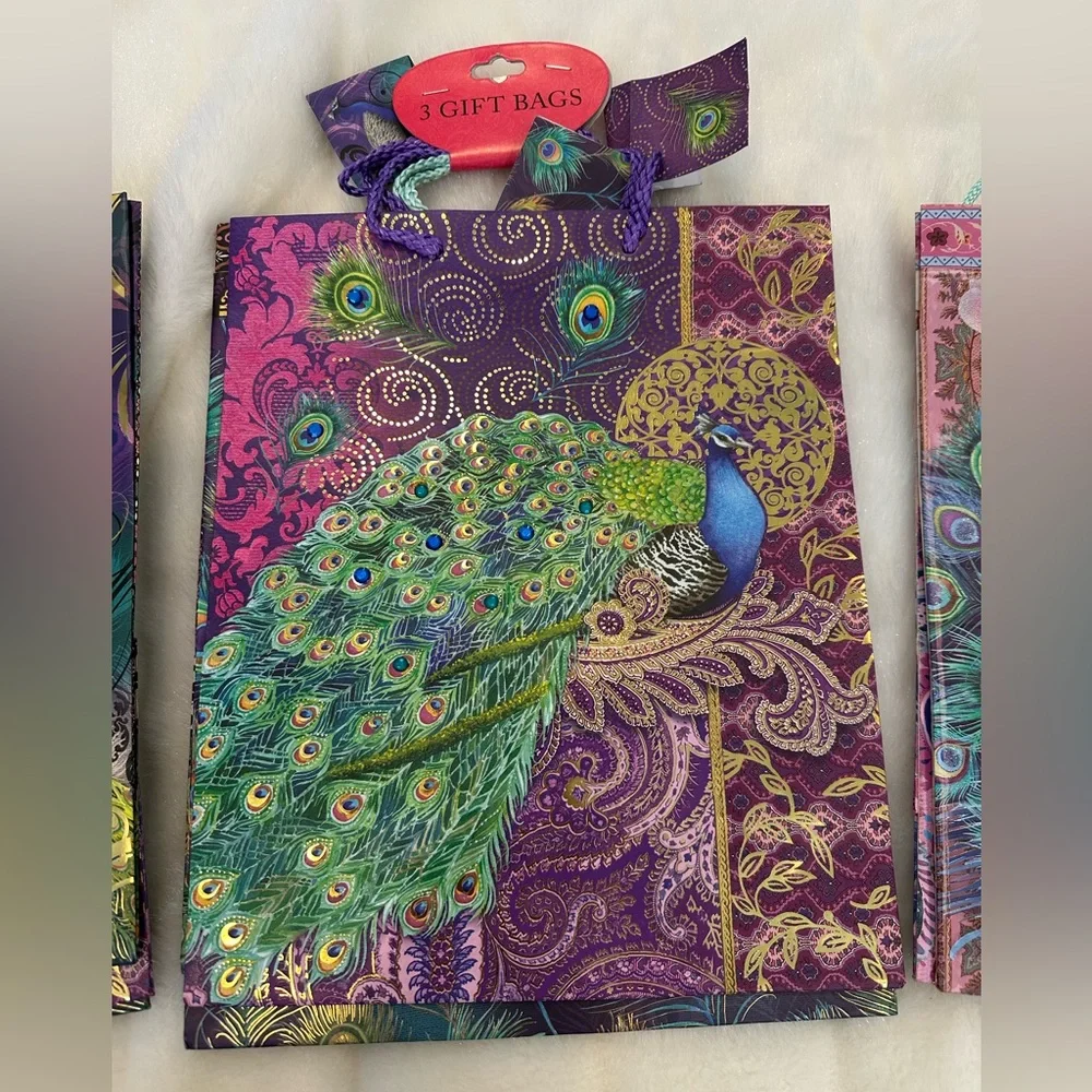 Colorful Peacock Gift Bags Set of 3 x 3 - 9 Bags Total - NWT